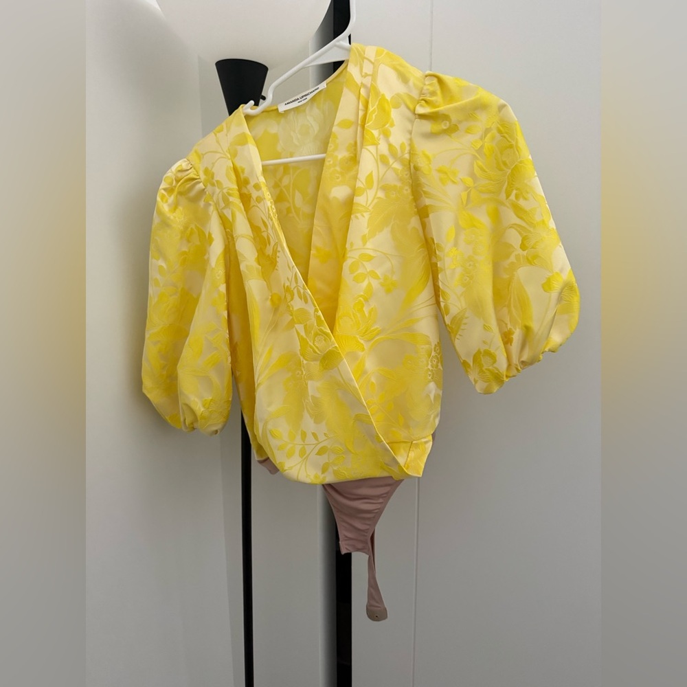 Amanda Uprichard Yellow Floral Puff-Sleeve Wrap Bodysuit